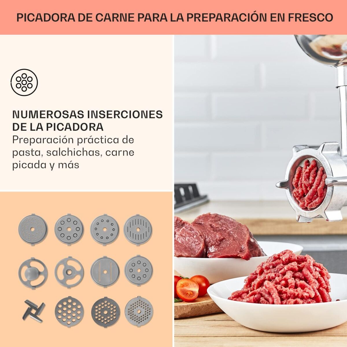 Klarstein Batidora Amasadora con Bol 5L para Hornear, Robot Cocina, Amasadora Reposteria 2000W, Picadora Carne