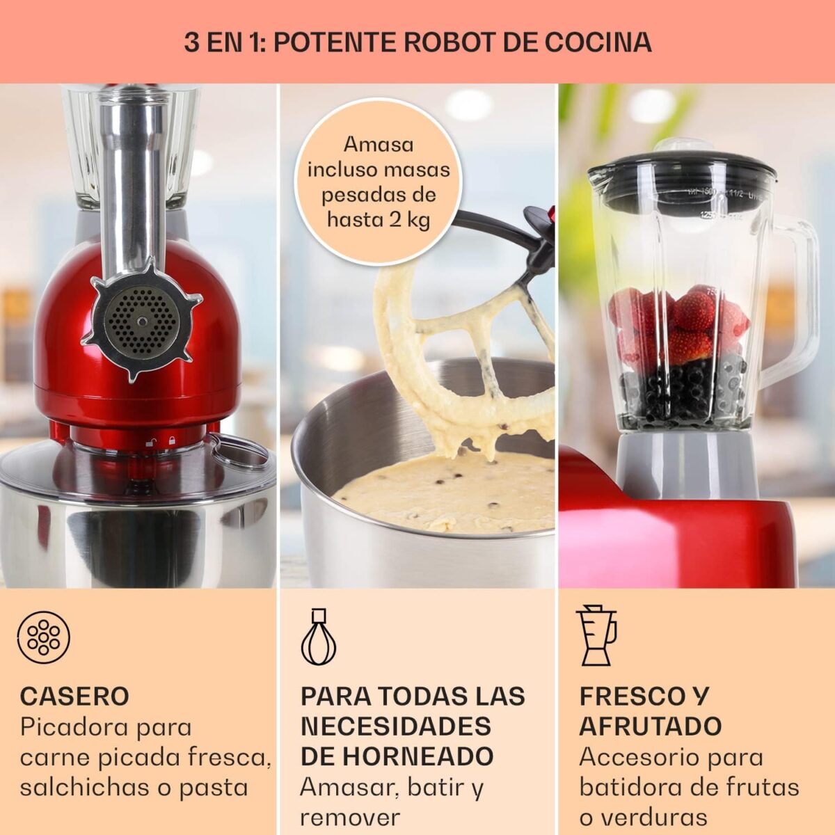 Klarstein Batidora Amasadora con Bol 5L para Hornear, Robot Cocina, Amasadora Reposteria 2000W, Picadora Carne