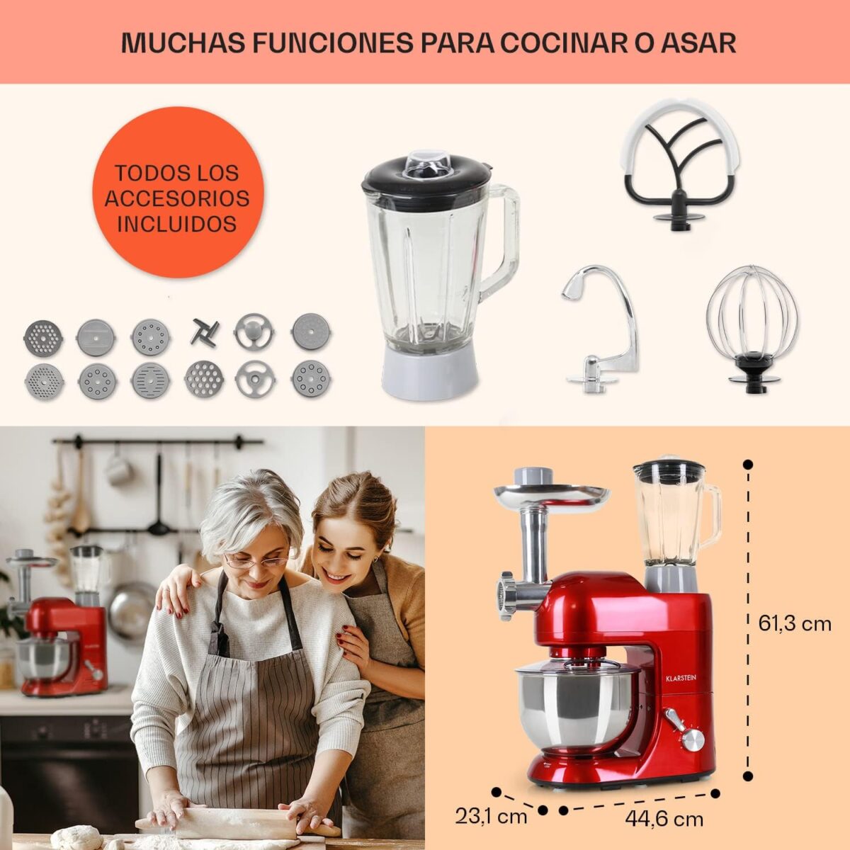 Klarstein Batidora Amasadora con Bol 5L para Hornear, Robot Cocina, Amasadora Reposteria 2000W, Picadora Carne